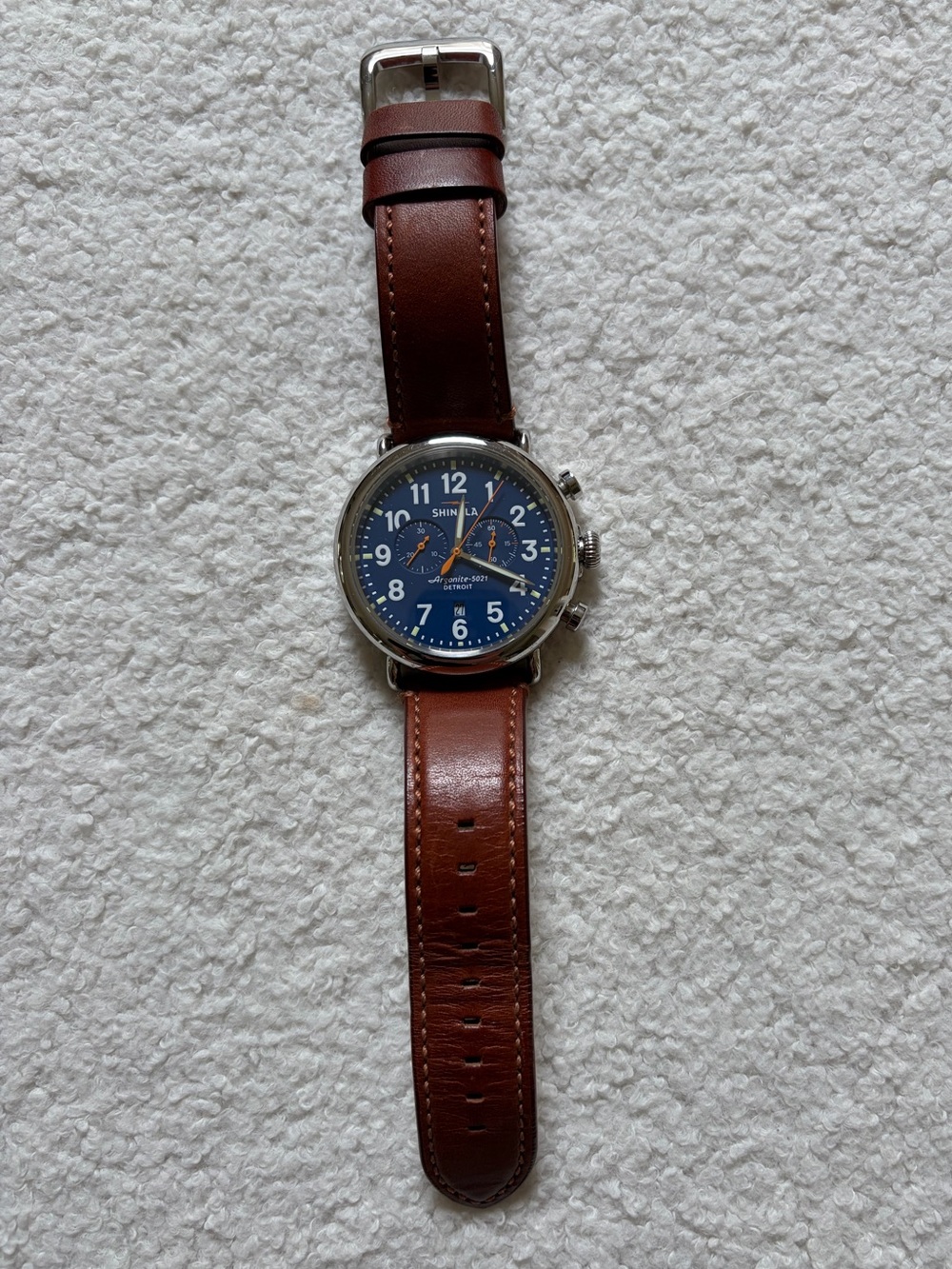 Shinola Navy Dial Chronograph with Brown Leather Strap
